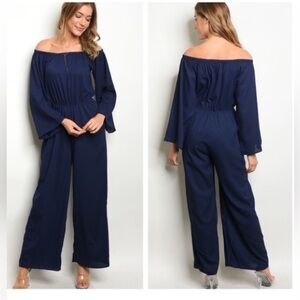 Long Sleeve Navy Off Shoulder Jumpsuit NEW